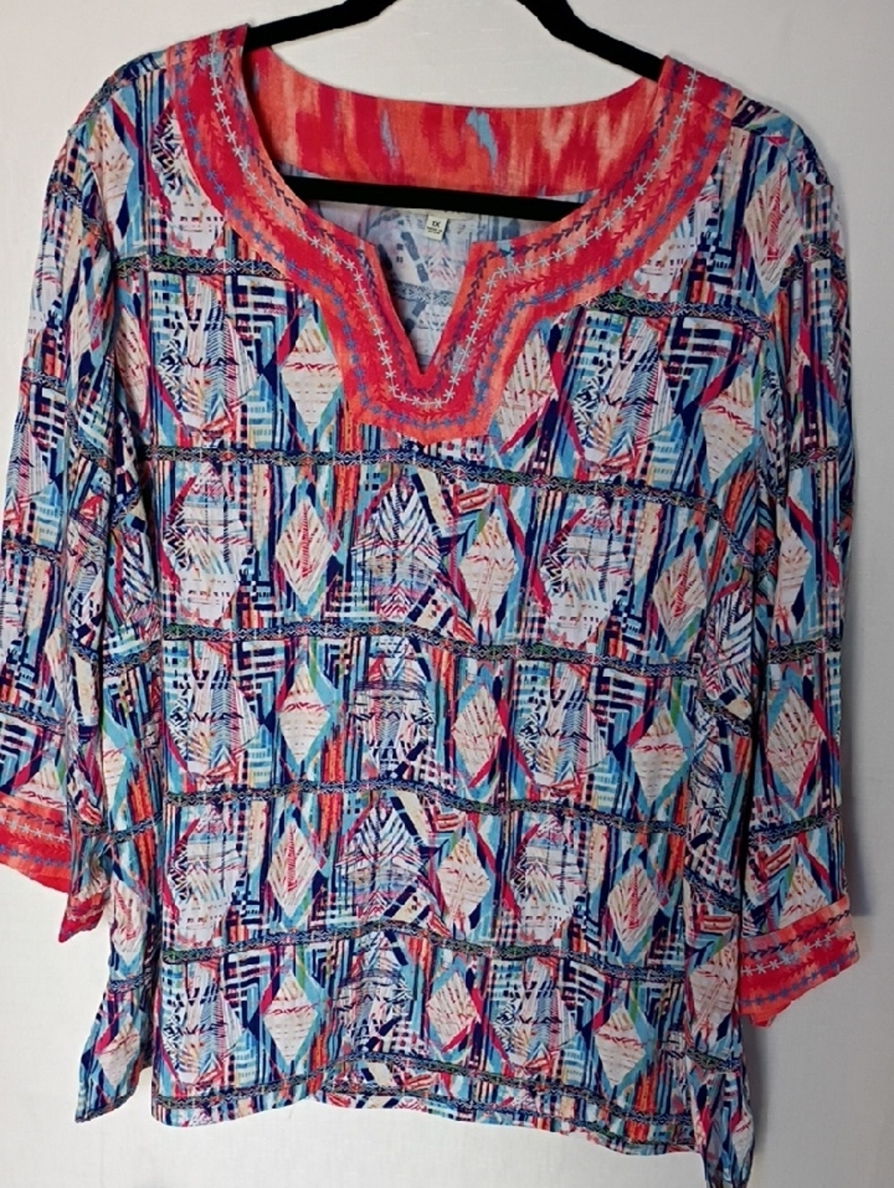John Mark Women's Boho Multicolor Geometric Tunic with Coral Trim Size XL